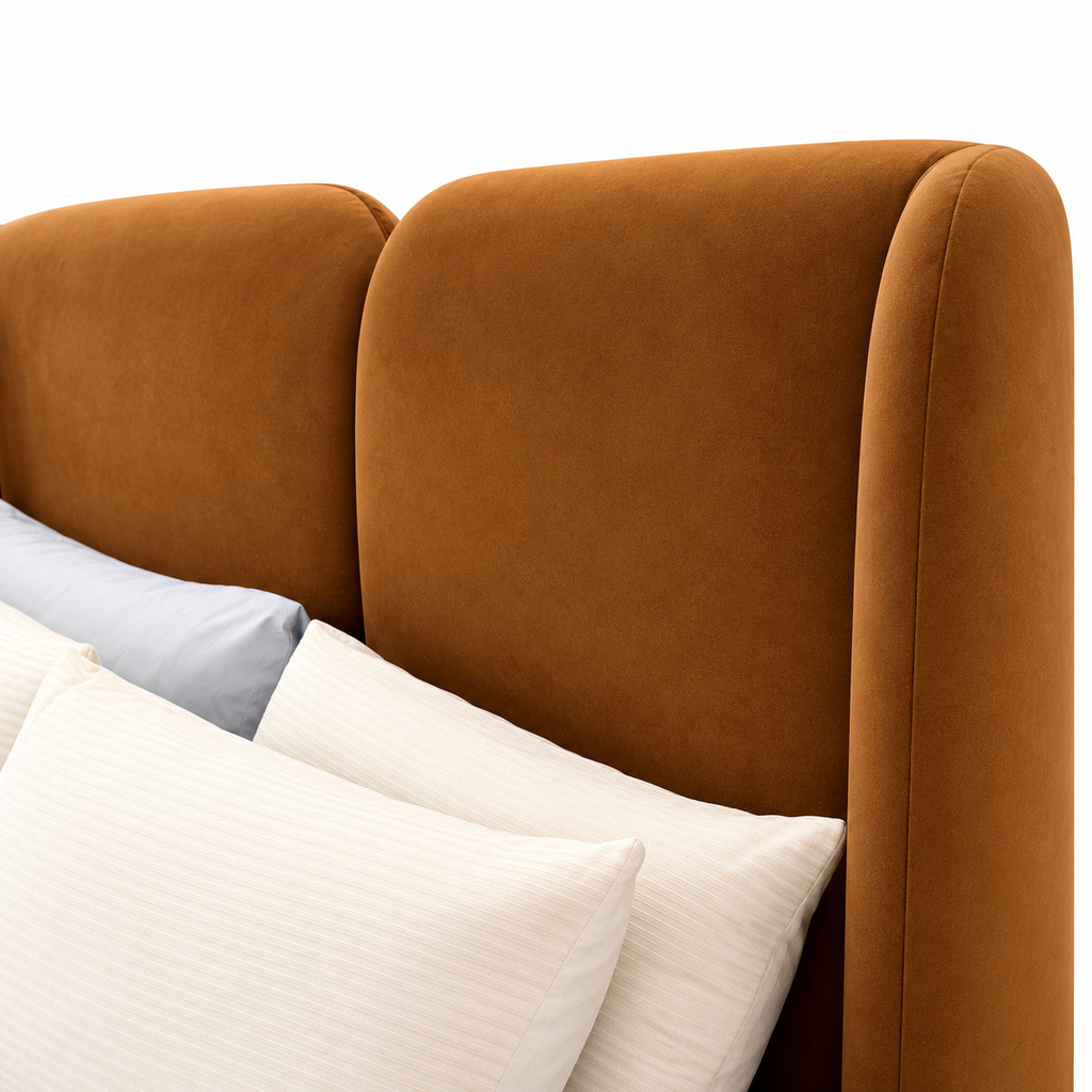 Trevers bed — padded split headboard and fabric detail