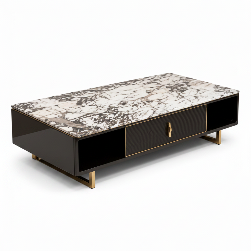 Uverne Coffee Table with black wood veneer and stone veneer top, high-angle view