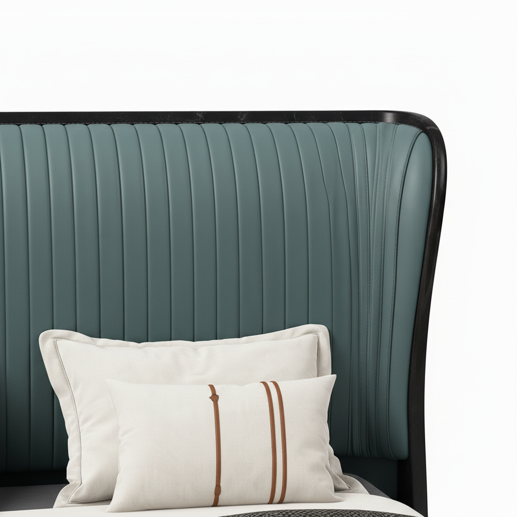 Valdorin Bed close-up of upholstered headboard detail on a white background