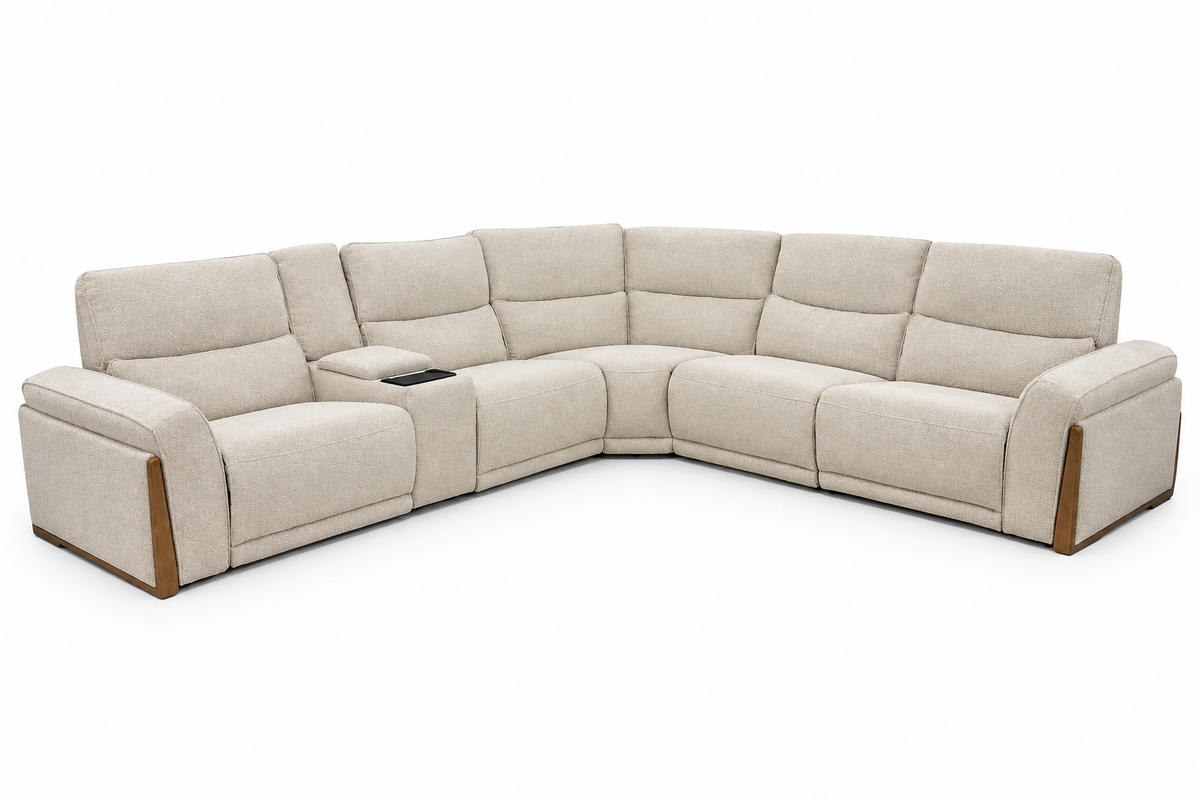 Vauclaire sectional in cream woven fabric with wood-tone trim