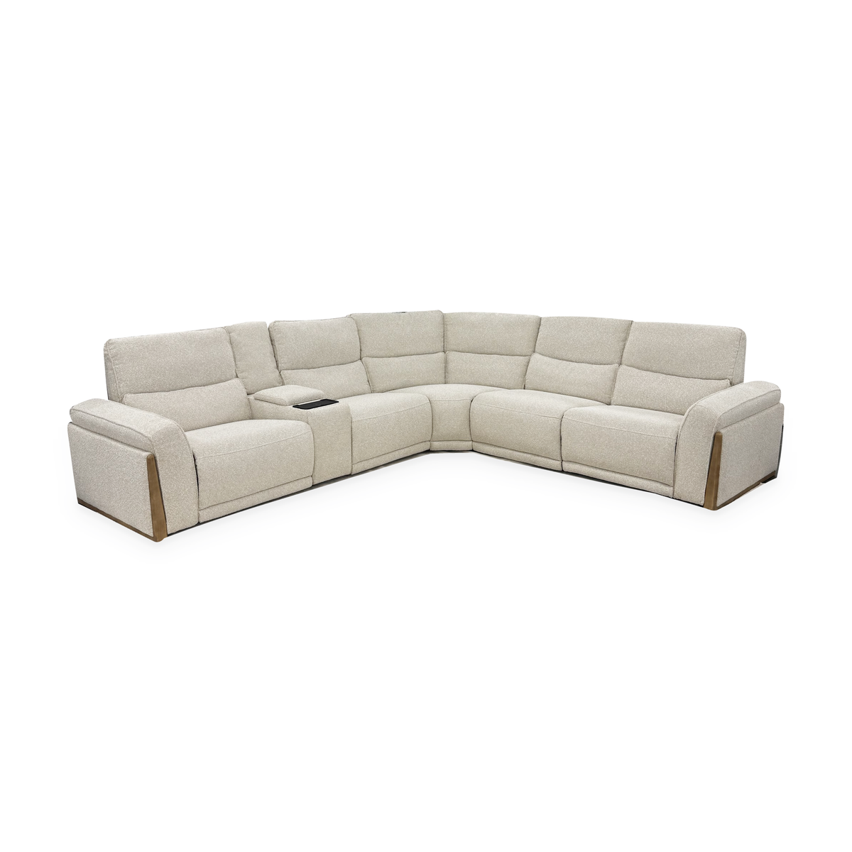 Vauclaire Sectional Sofa — Complete front view in cream woven upholstery with wood-tone trim