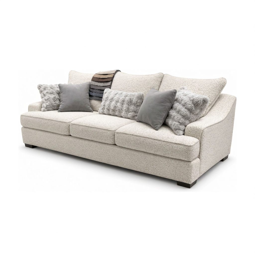 Vellora River Rock Sofa in ivory textured upholstery with gray accent pillows, left-front view