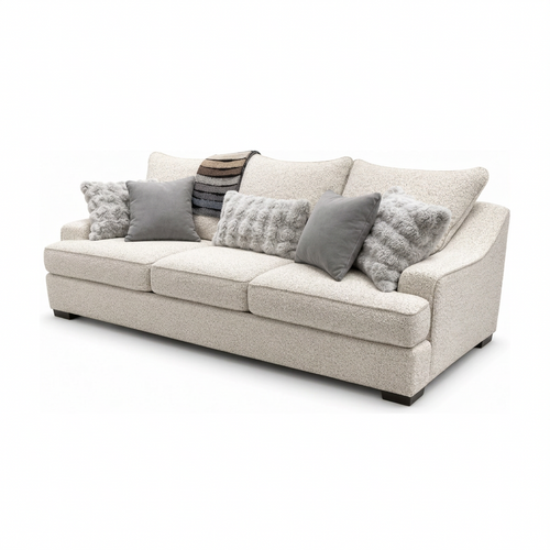 Vellora River Rock Sofa in ivory textured upholstery with gray accent pillows, left-front view