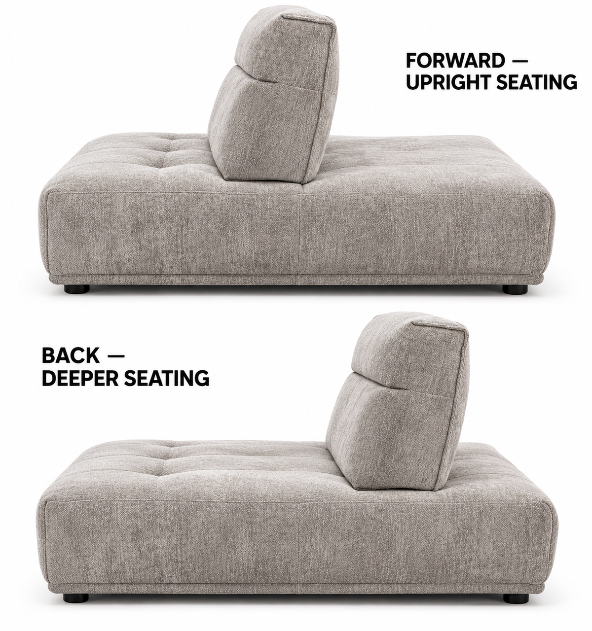 Veltrano adjustable backrest — forward for upright seating and back for deeper seating; feature illustration