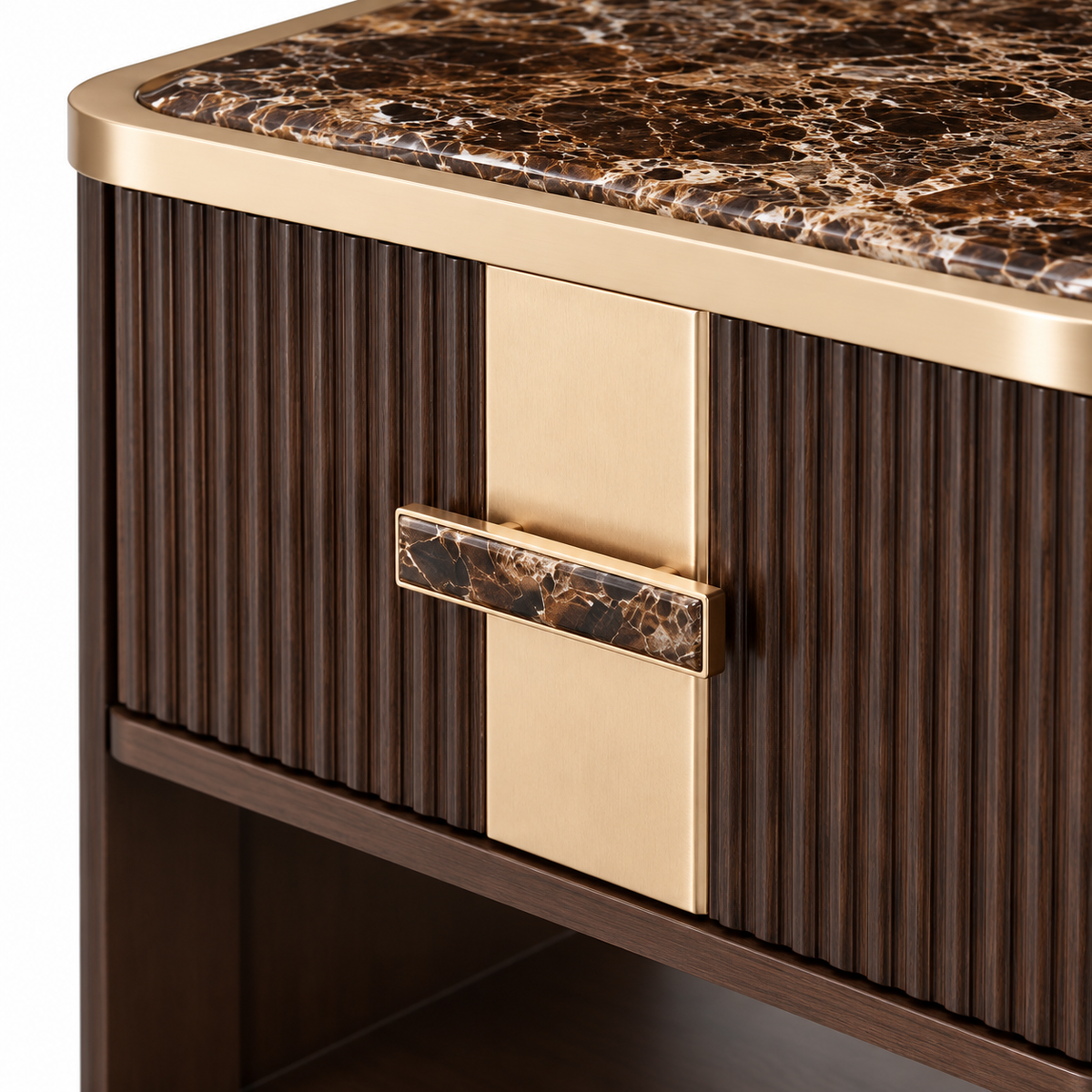 West Kensington 1 Drawer Nightstand — marble pull and fluted wood detail on a white background