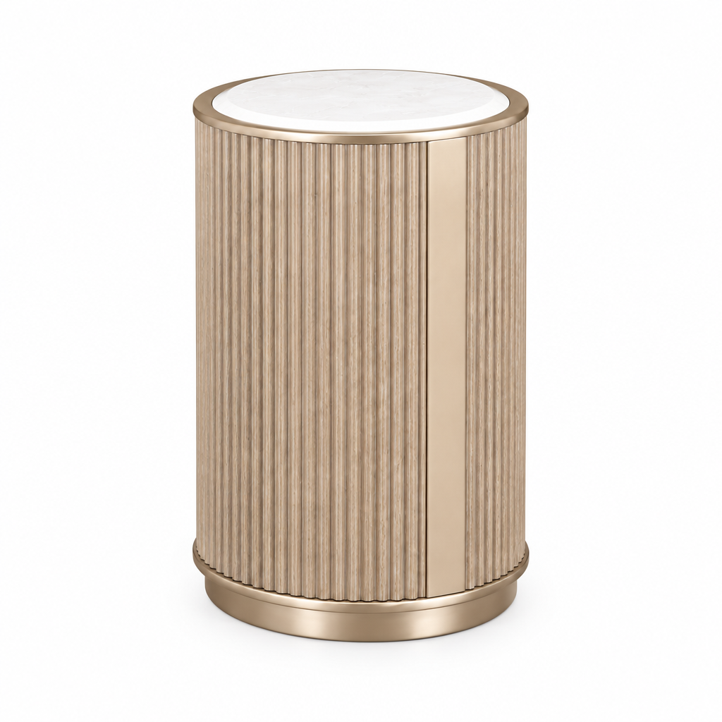West Kensington Chairside Table, fluted wood and marble round side table in a left-front view