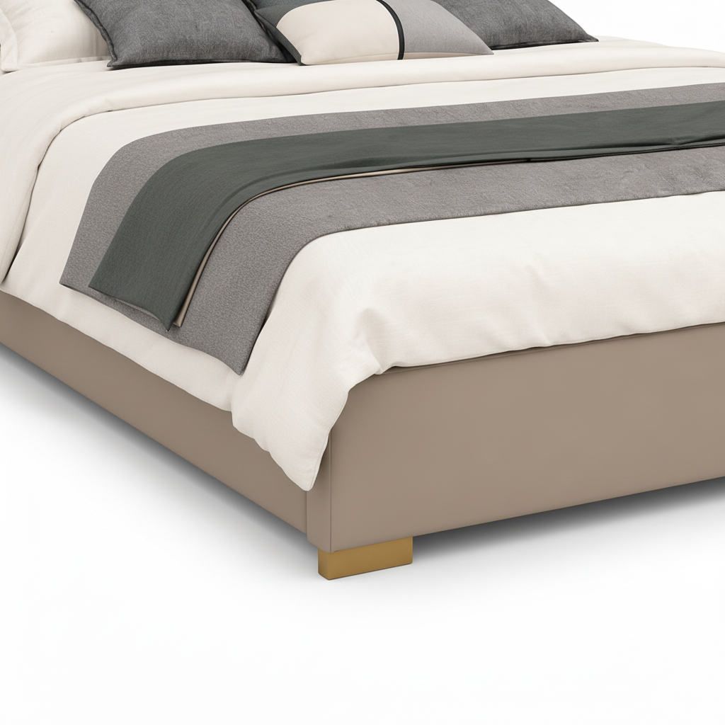 Westrane Bed close-up of footboard and gold support feet detail on a white background