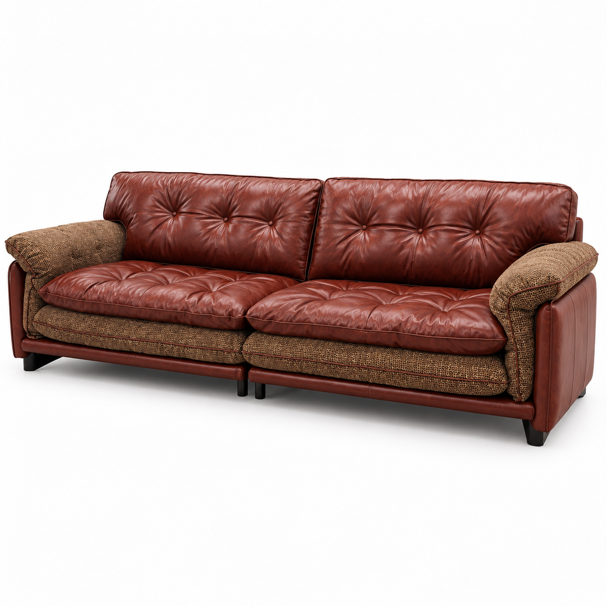 Wistere Sofa — Oxblood waxed finish and woven fabric, studio three-quarter view
