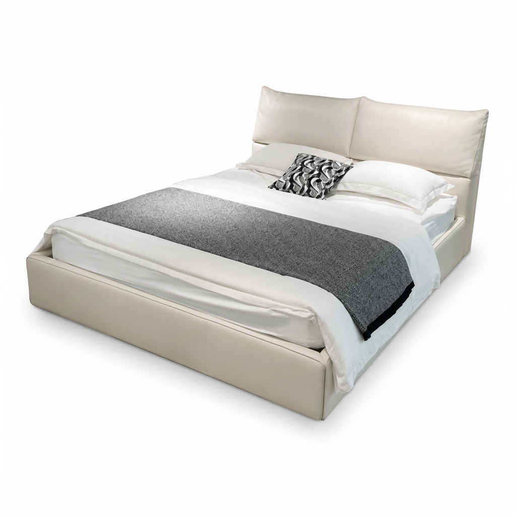 Wynora Bed top grain Italian leather bed, left-side view on a white background
