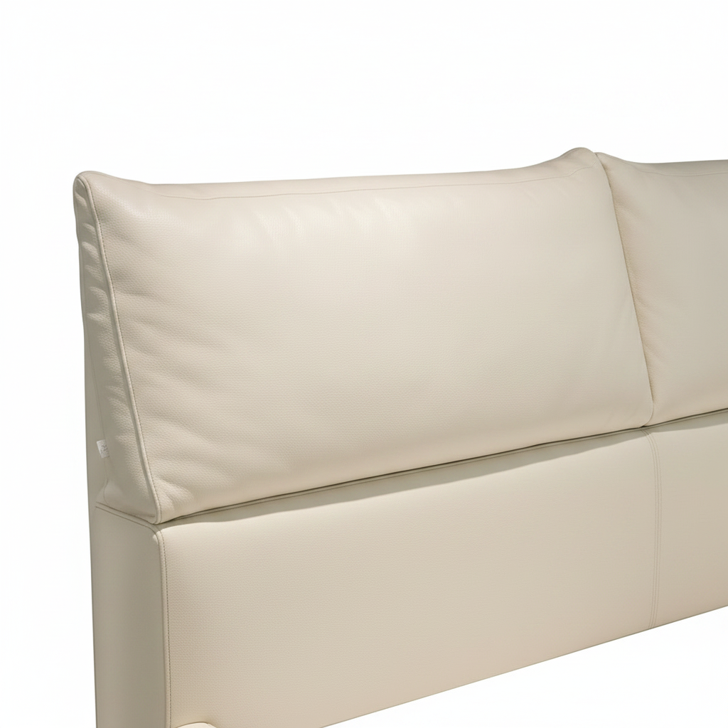 Wynora Bed top grain Italian leather upholstered rounded headboard corner detail on a white background