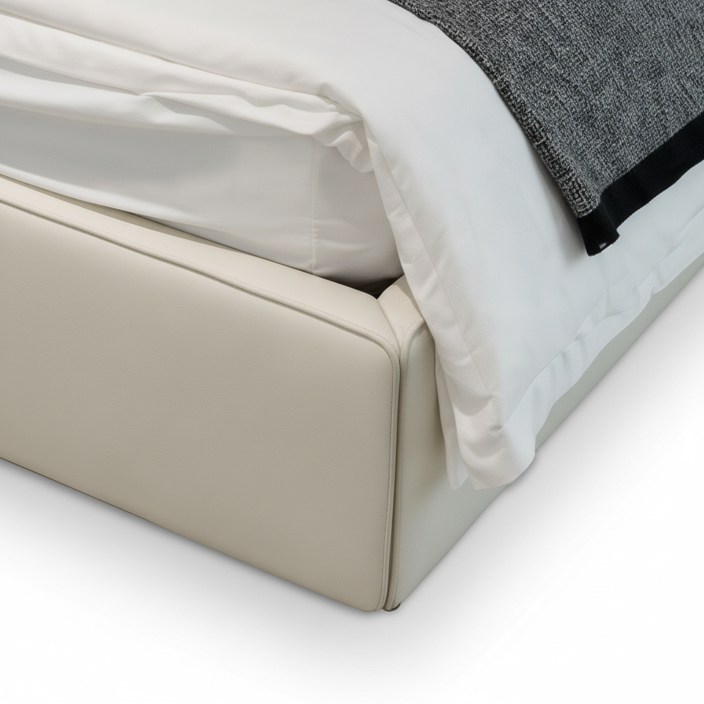 Wynora Bed top grain Italian leather upholstered footboard exterior seam detail on a white background