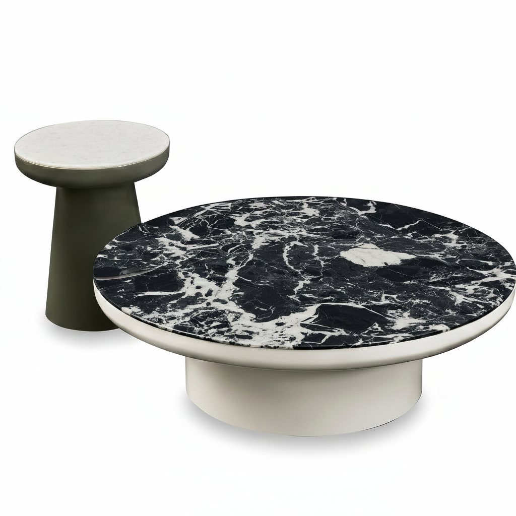 Xavero Coffee Table set with large black marble table and small light table, straight front view