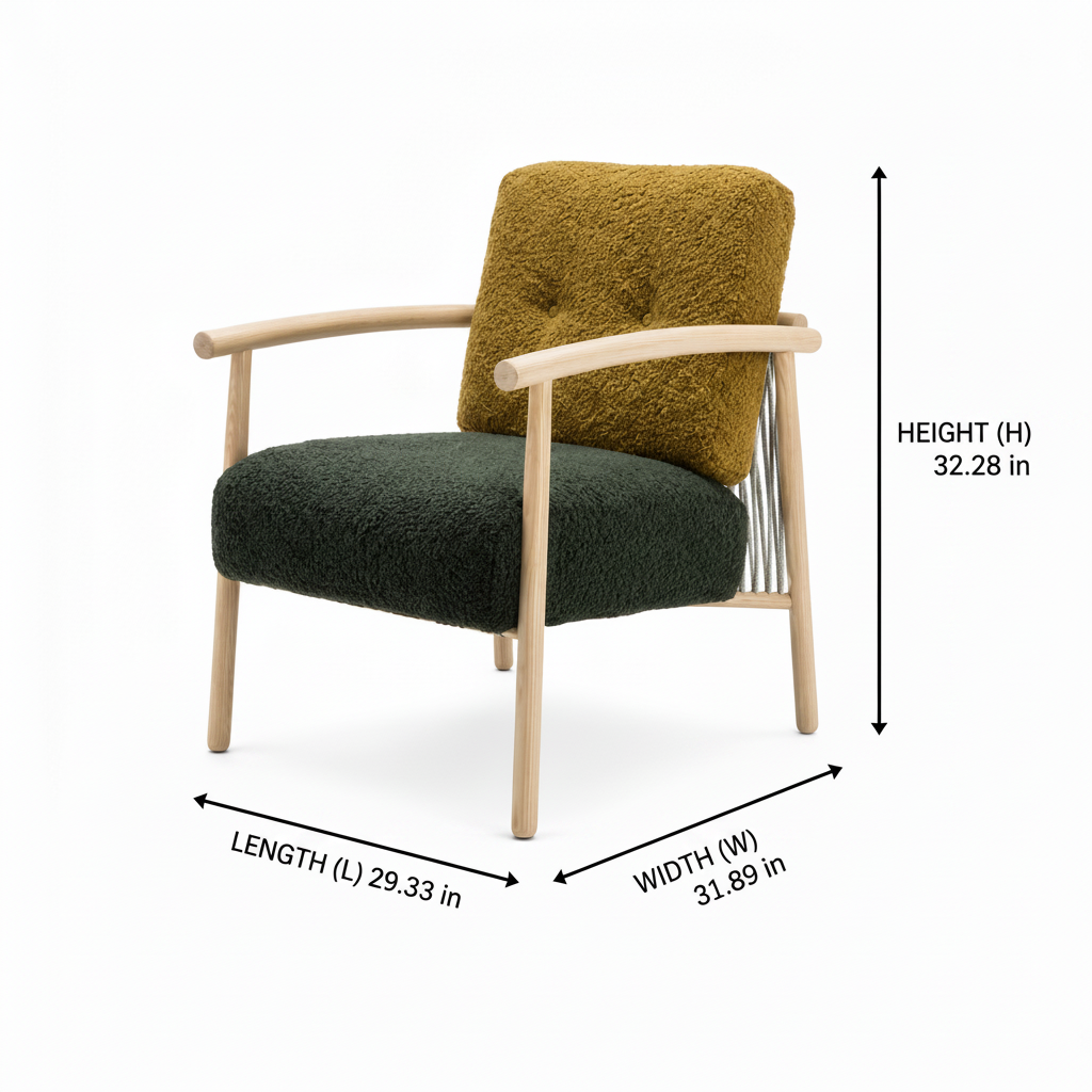 Xavrin Accent Chair dimension diagram showing length 29.33 inches, width 31.89 inches, and height 32.28 inches on a white background.