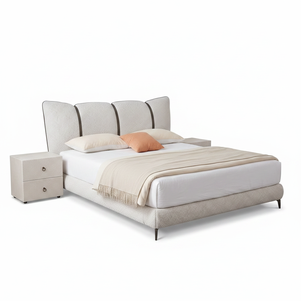 Xerelle Bed three-quarter product view with footboard left foreground and headboard right background on a white background