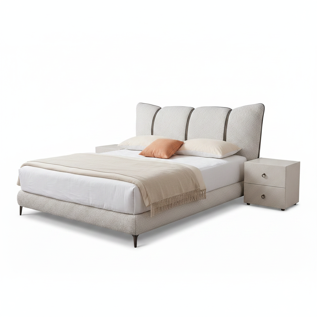 Xerelle Bed three-quarter view with headboard upper right and footboard lower left on a white background
