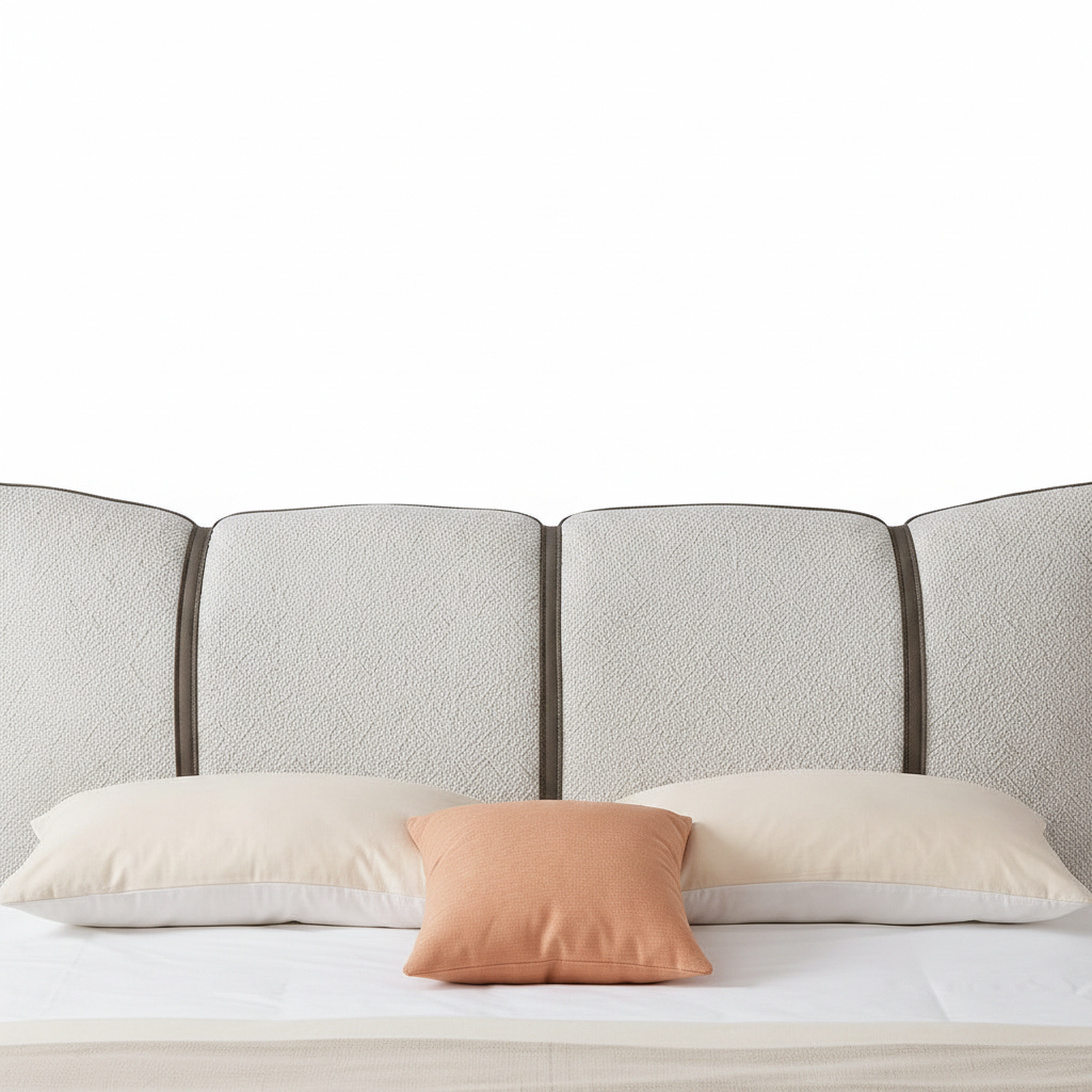 Xerelle Bed close-up of headboard upholstery detail on a white background