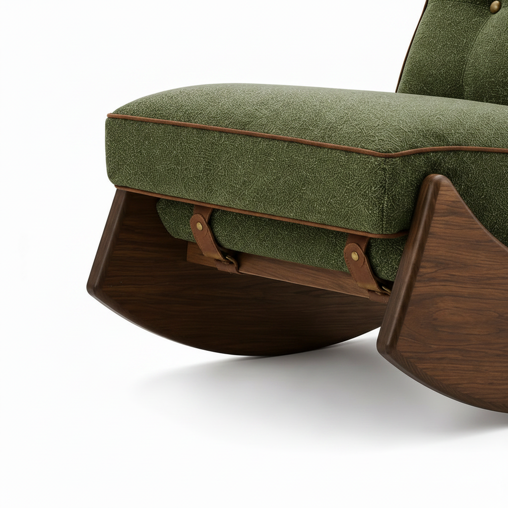 Xylaro Accent Chair close-up of curved wood base and leather strap buckle detail on a white backgroun