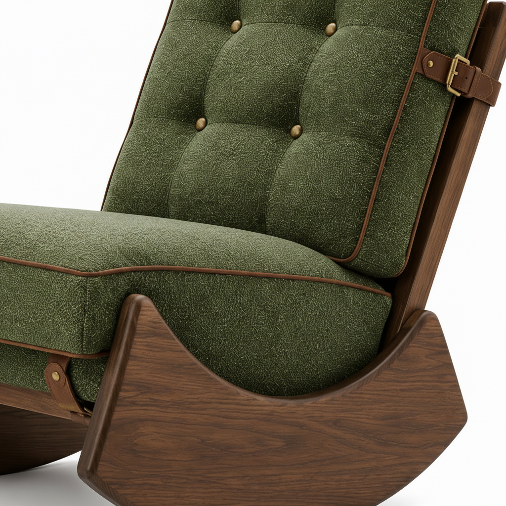 Xylaro Accent Chair close-up of green upholstery, tufted buttons, and leather fastener detail on a white background
