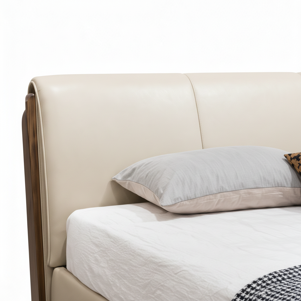 Yarden Bed close-up of three-panel upholstered headboard detail on a white background