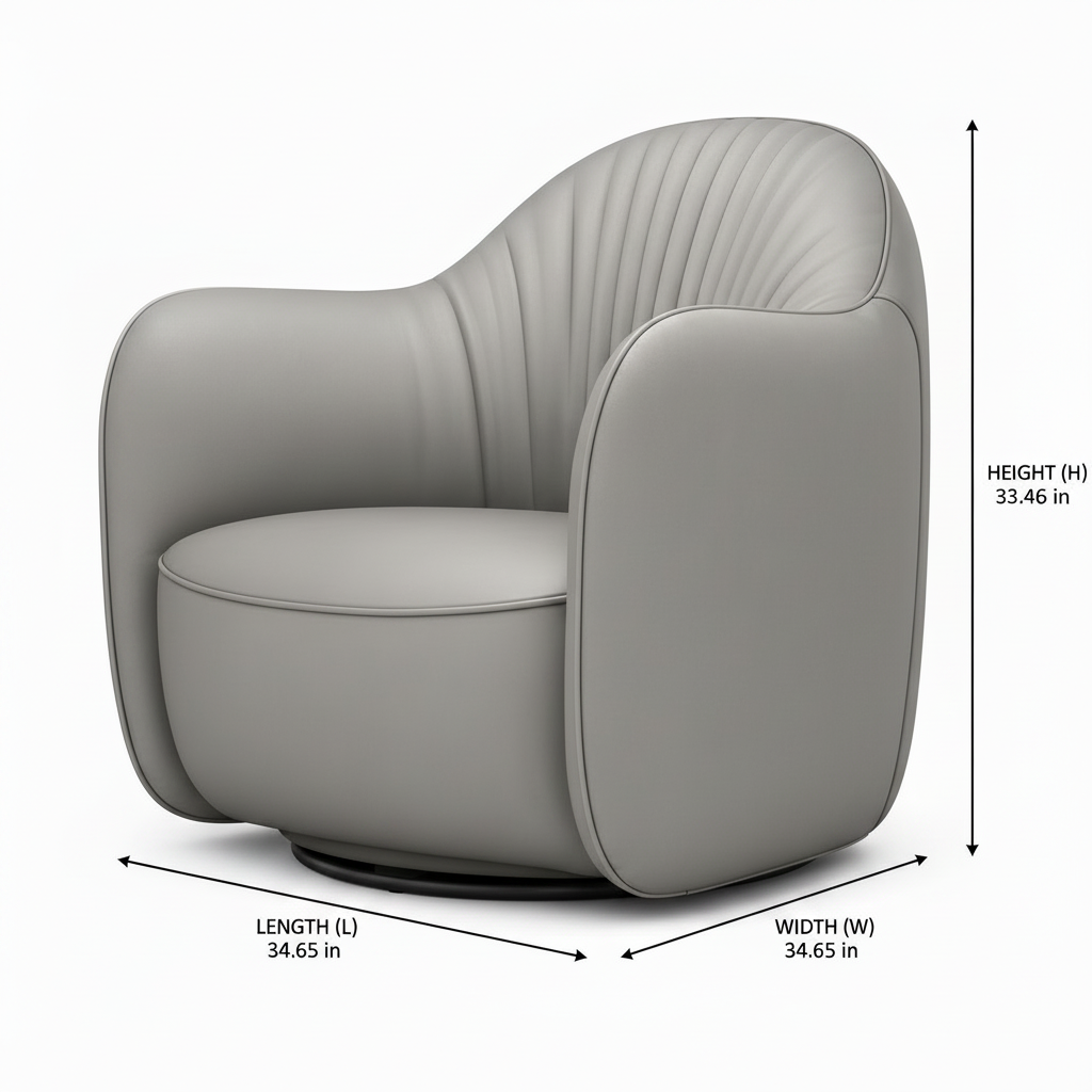 Yveron Leather Accent Chair dimension diagram showing length 34.65 inches, width 34.65 inches, and height 33.46 inches
