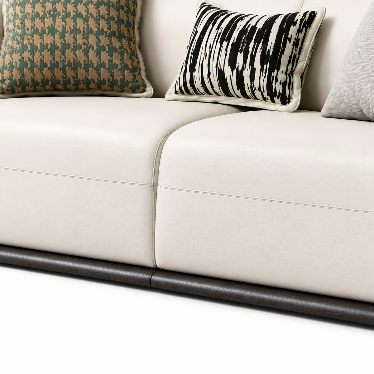 Zevrane Loveseat — visible seat cushions, their seams, and the lower front base beneath them (detail edited from existing product photo)