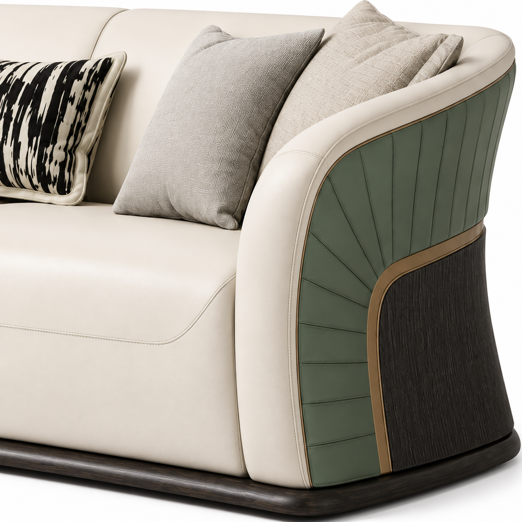 Zevrane Sofa — visible right armrest, its front facing surface and its junction with the seat (detail edited from existing product photo)