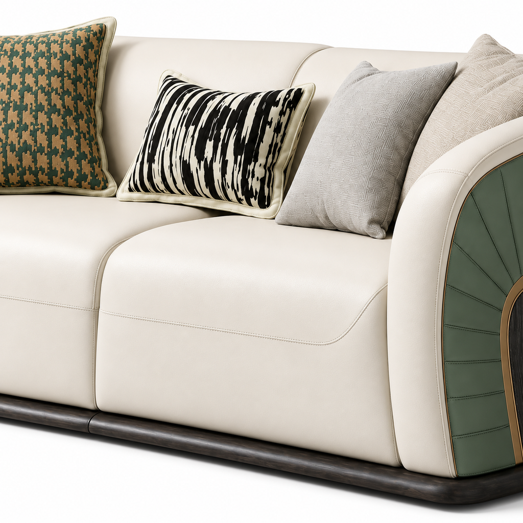 Zevrane Sofa — visible back cushions, decorative pillows and upholstery stitching (detail edited from existing product photo)