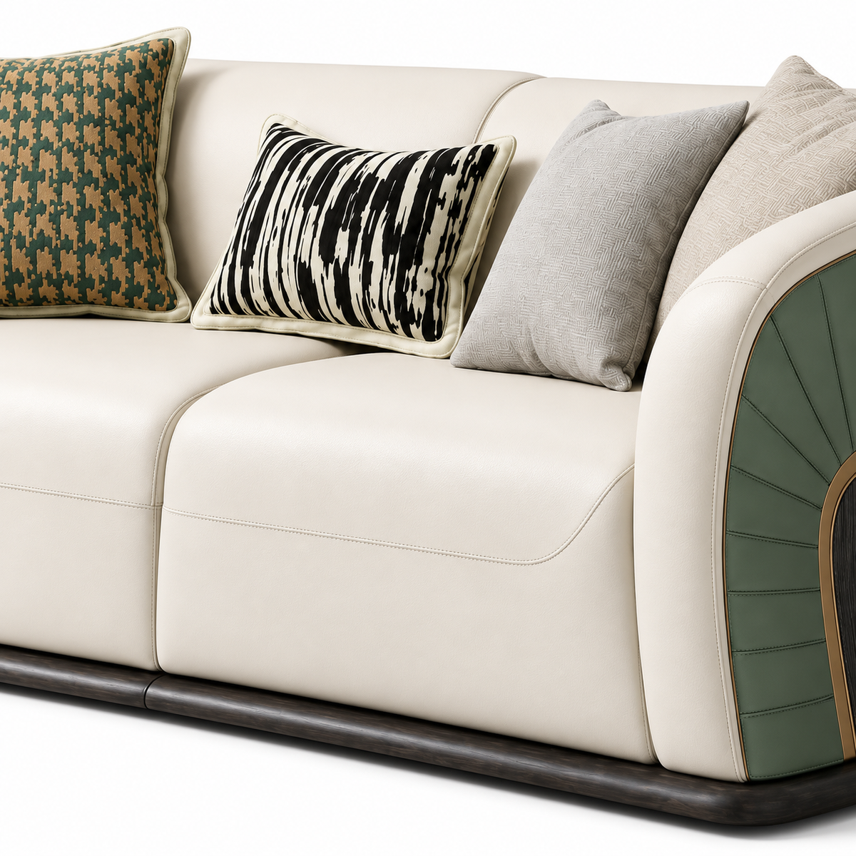 Zevrane Sofa — visible back cushions, decorative pillows and upholstery stitching (detail edited from existing product photo)