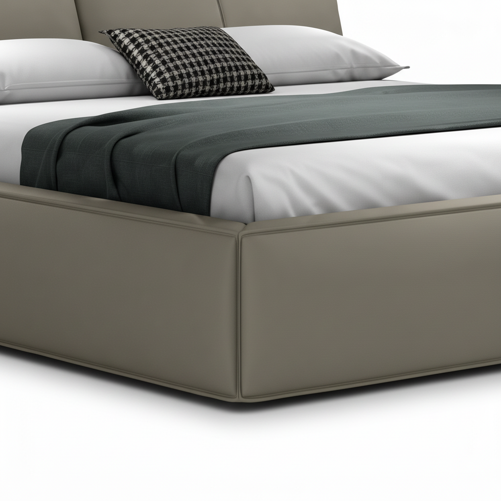 Zorenne Bed close-up of footboard and side rail detail on a white background