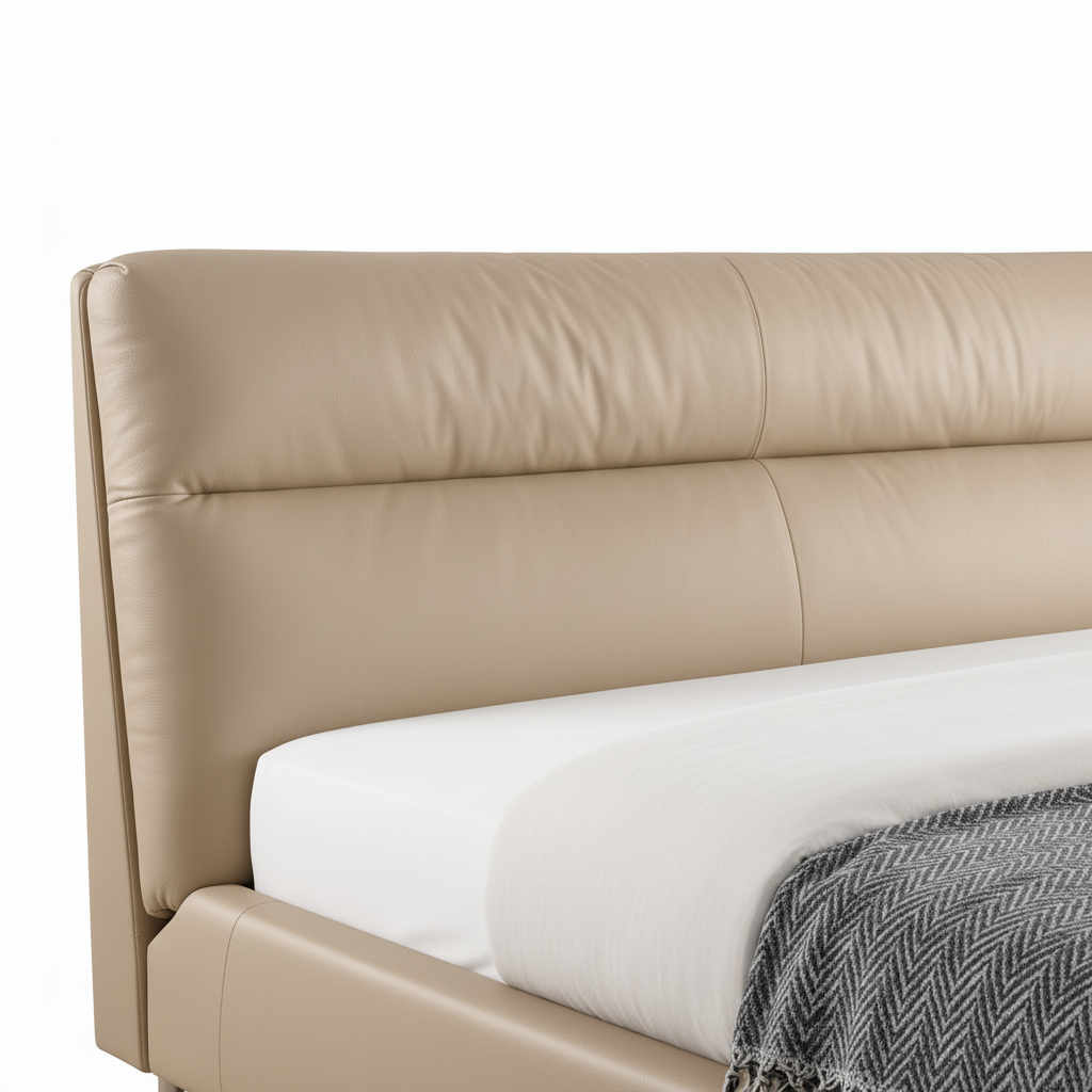 Zorvain Bed close-up of double-layer upholstered headboard detail on a white background